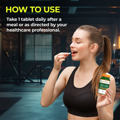 Usage guide recommending one Zinc-ZMA tablet daily after a meal or as directed by a healthcare professional.
