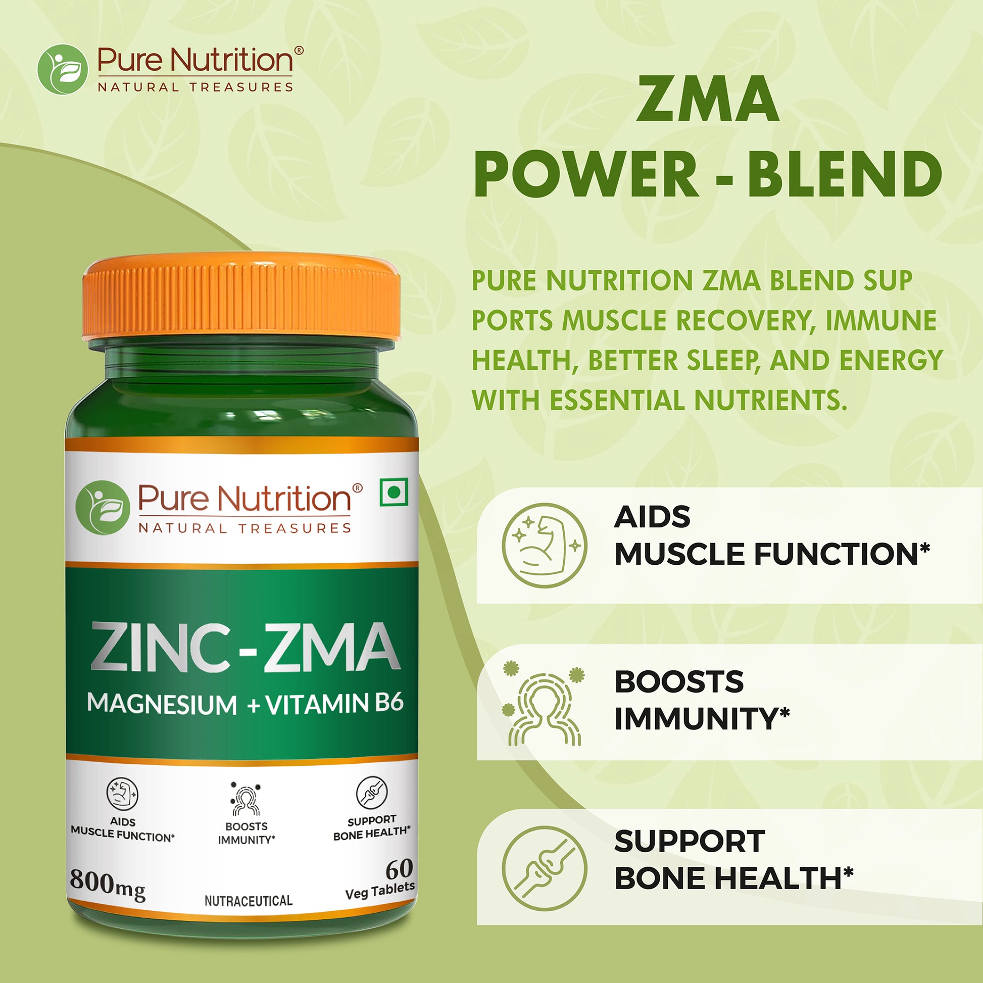 Infographic showcasing the benefits of the Zinc-ZMA power blend for muscle function, immune support, bone health, and recovery.
