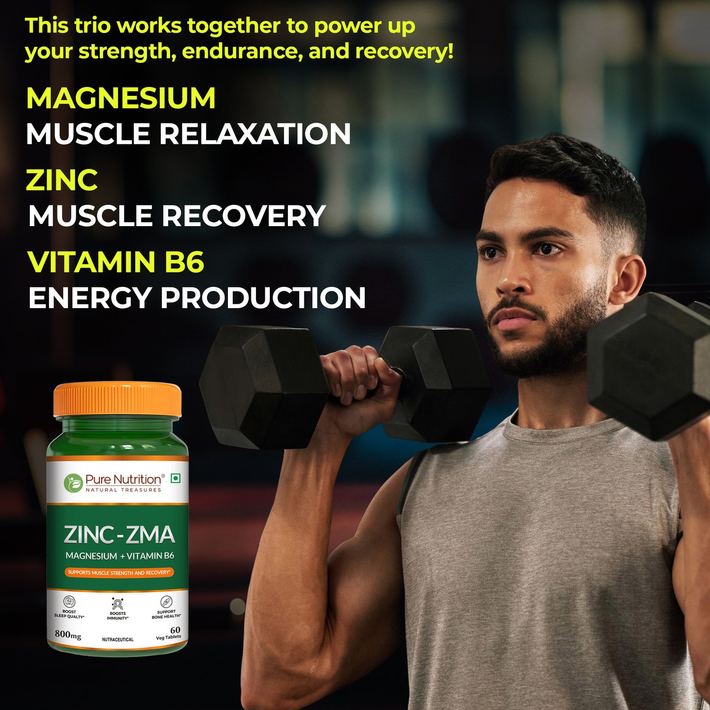 Lifestyle image explaining how magnesium, zinc, and vitamin B6 work together to support muscle relaxation, recovery, endurance, and energy production.
