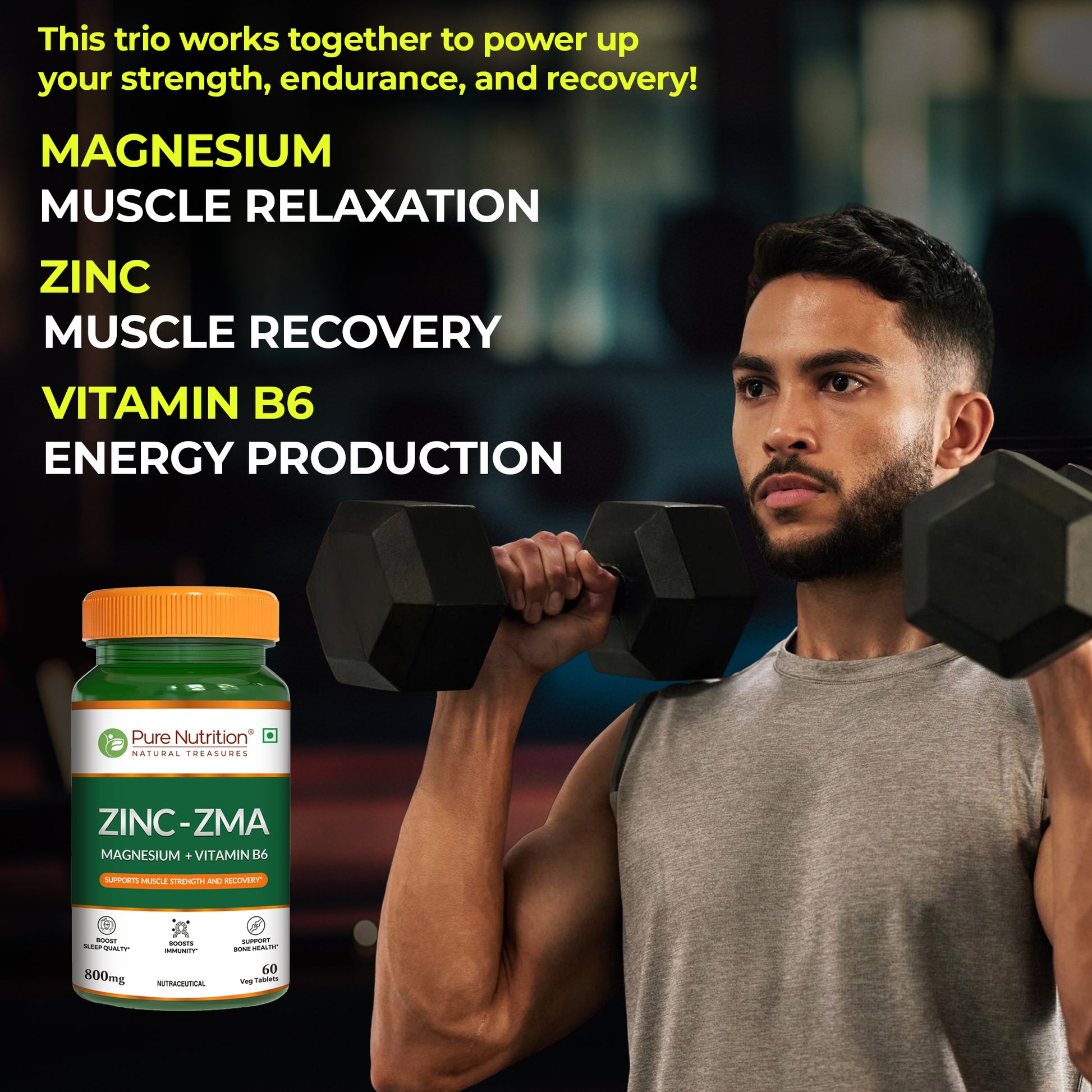Lifestyle image explaining how magnesium, zinc, and vitamin B6 work together to support muscle relaxation, recovery, endurance, and energy production.
