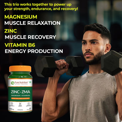 Lifestyle image explaining how magnesium, zinc, and vitamin B6 work together to support muscle relaxation, recovery, endurance, and energy production.
