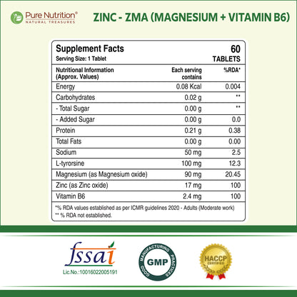 Supplement facts label displaying nutritional composition, ingredients, certifications, and serving information for Pure Nutrition Zinc-ZMA.
