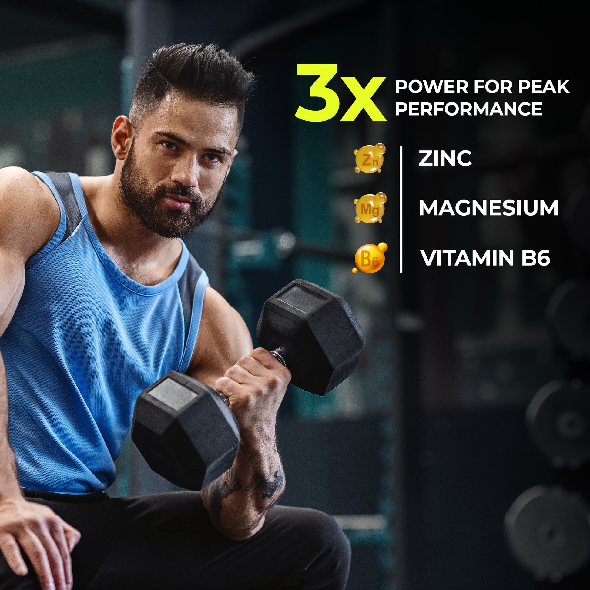 Promotional graphic highlighting zinc, magnesium, and vitamin B6 as a three-in-one formula for peak athletic performance and recovery.
