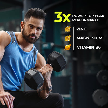 Promotional graphic highlighting zinc, magnesium, and vitamin B6 as a three-in-one formula for peak athletic performance and recovery.

