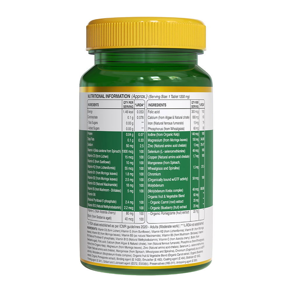 Organic Whole Food Multivitamin 1200mg for Immunity & Holistic Wellness - 60 Veg Tablets