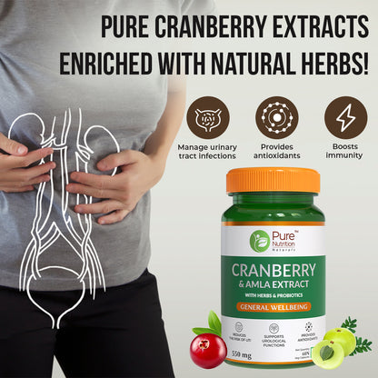 Cranberry & Amla Extract with Herbs & Probiotics | Supports UTI Prevention & Promotes Antioxidants - 60 Caps