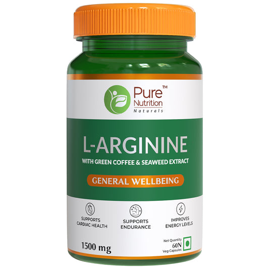 L-Arginine Supplement with Green Coffee and Seaweed Extract - 60 Vegetarian Capsules | Supports Endurance and Energy Levels