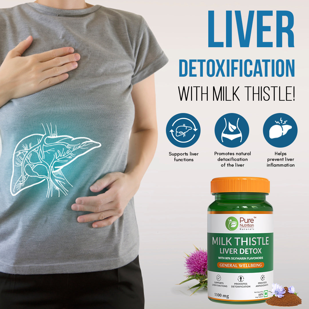 Milk Thistle Liver Detox with 80% Silymarin Flavonoids | Supports Liver Functions & Detoxification - 60 Veg Tabs