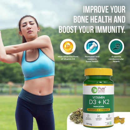 Vitamin D3 + K2 from Lichen | Joints & Bone Health, Immunity Support, Calcium Absorption - 60 Veg Tabs