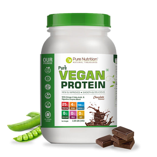Container of vegan protein powder in chocolate flavour made from plant-based ingredients, supporting muscle recovery, strength, and daily nutrition.